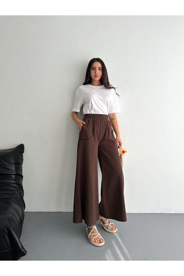 GABARDİN KUMAŞ BELİ LASTİKLİ GENİŞ PAÇA PANTOLON