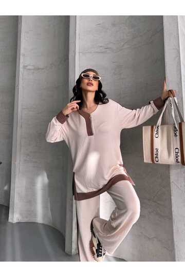 Garnili Oversize Yarım Fermuarlı Yırtmaç Detaylı Geniş Paça Modal Kumaş Eşofman Takım