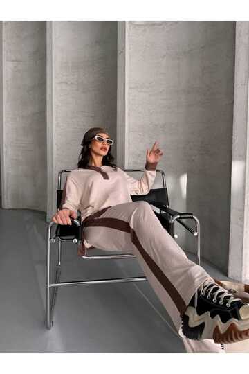Garnili Oversize Yarım Fermuarlı Yırtmaç Detaylı Geniş Paça Modal Kumaş Eşofman Takım