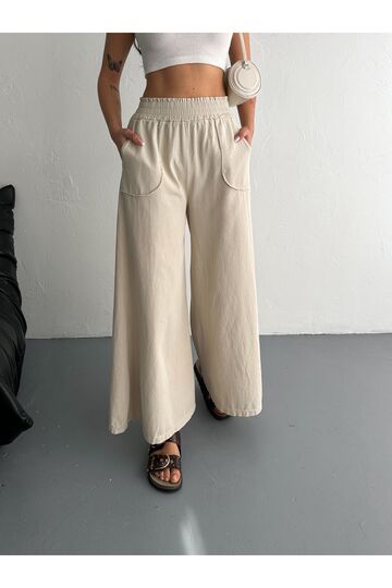 Gabardin Kumaş Beli Lastikli Geniş Paça Pantolon