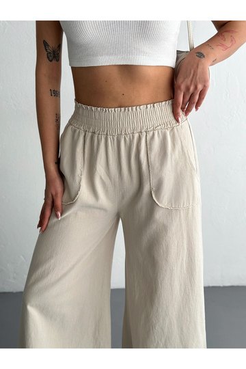 GABARDİN KUMAŞ BELİ LASTİKLİ GENİŞ PAÇA PANTOLON