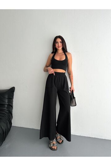 Gabardin Kumaş Beli Lastikli Geniş Paça Pantolon
