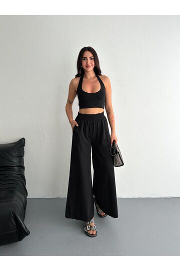 Gabardin Kumaş Beli Lastikli Geniş Paça Pantolon