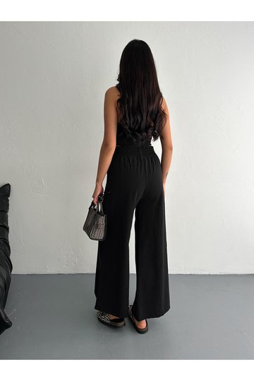 GABARDİN KUMAŞ BELİ LASTİKLİ GENİŞ PAÇA PANTOLON