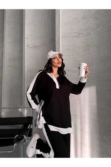 Garnili Oversize Yarım Fermuarlı Yırtmaç Detaylı Geniş Paça Modal Kumaş Eşofman Takım