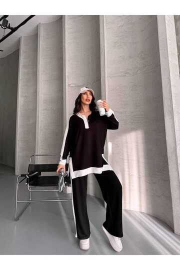 Garnili Oversize Yarım Fermuarlı Yırtmaç Detaylı Geniş Paça Modal Kumaş Eşofman Takım