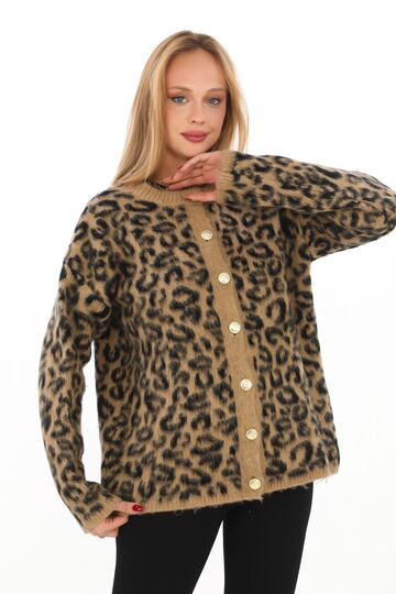 Leopar Desen Oversize Yumuşak Düğmeli Uzun Triko Hırka