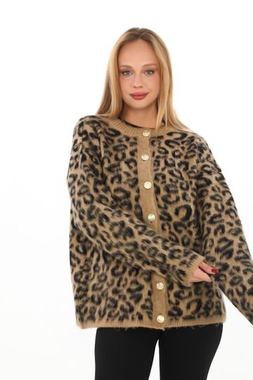 Leopar Desen Oversize Yumuşak Düğmeli Uzun Triko Hırka