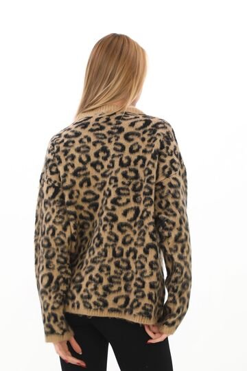 Leopar Desen Oversize Yumuşak Düğmeli Uzun Triko Hırka