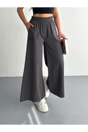 Gabardin Kumaş Beli Lastikli Geniş Paça Pantolon