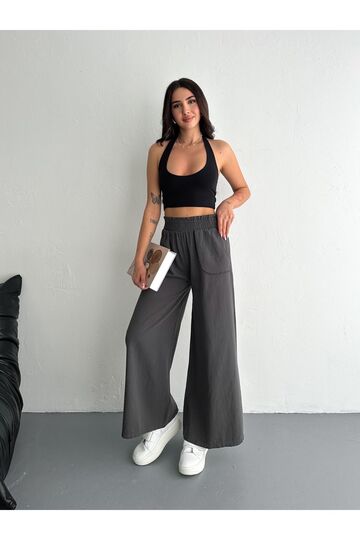 Gabardin Kumaş Beli Lastikli Geniş Paça Pantolon