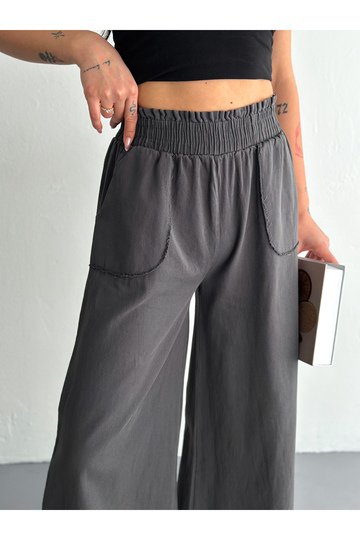 GABARDİN KUMAŞ BELİ LASTİKLİ GENİŞ PAÇA PANTOLON