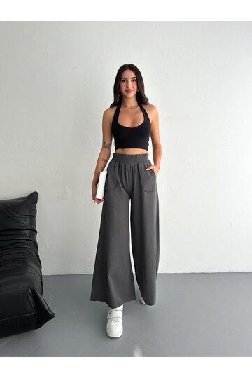 GABARDİN KUMAŞ BELİ LASTİKLİ GENİŞ PAÇA PANTOLON