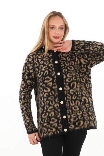 Leopar Desen Oversize Yumuşak Düğmeli Uzun Triko Hırka