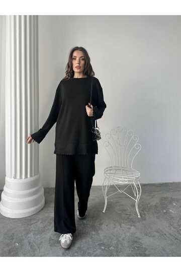 Dantel Detaylı Oversize Geniş Paça Modal Kumaş Eşofman Takım