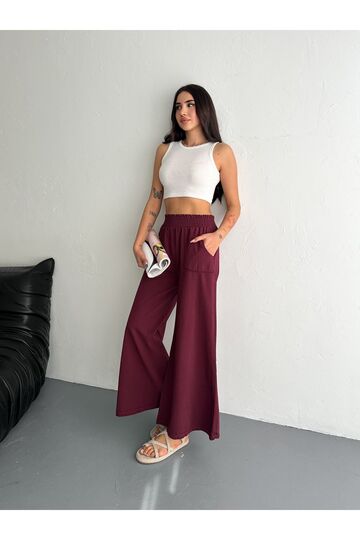 Gabardin Kumaş Beli Lastikli Geniş Paça Pantolon
