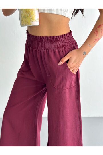 Gabardin Kumaş Beli Lastikli Geniş Paça Pantolon