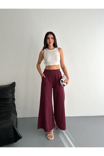 Gabardin Kumaş Beli Lastikli Geniş Paça Pantolon