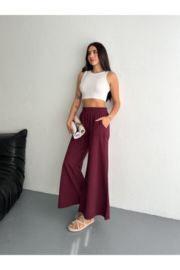 GABARDİN KUMAŞ BELİ LASTİKLİ GENİŞ PAÇA PANTOLON