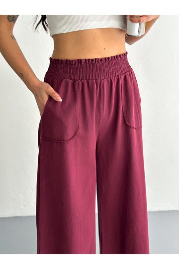 GABARDİN KUMAŞ BELİ LASTİKLİ GENİŞ PAÇA PANTOLON