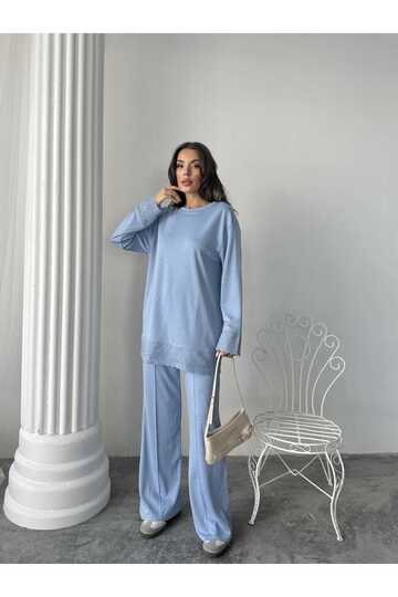Dantel Detaylı Oversize Geniş Paça Modal Kumaş Eşofman Takım