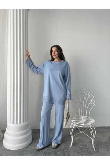 Dantel Detaylı Oversize Geniş Paça Modal Kumaş Eşofman Takım