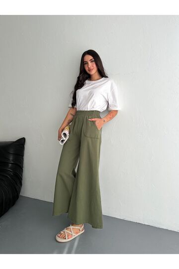 Gabardin Kumaş Beli Lastikli Geniş Paça Pantolon
