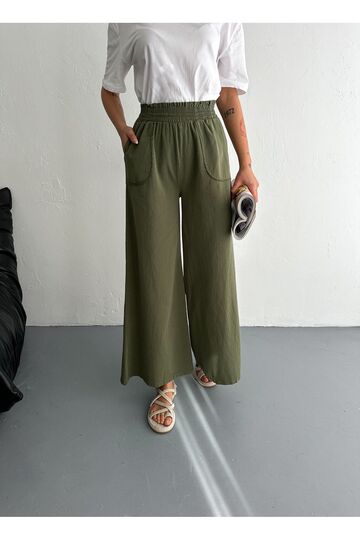 Gabardin Kumaş Beli Lastikli Geniş Paça Pantolon