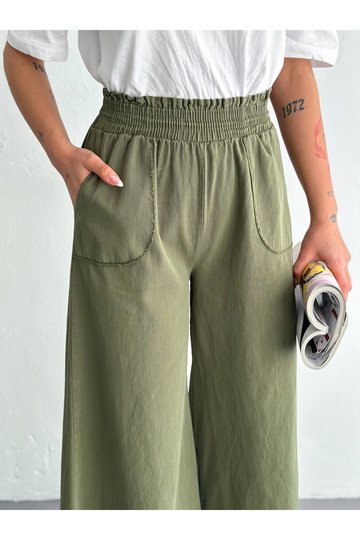 GABARDİN KUMAŞ BELİ LASTİKLİ GENİŞ PAÇA PANTOLON