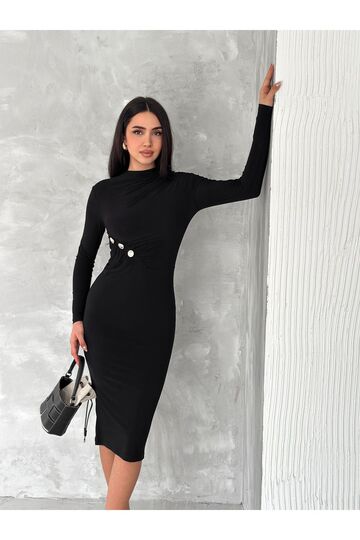 Düğme Detaylı Drapeli Büzgülü Sandy Kumaş Elbise