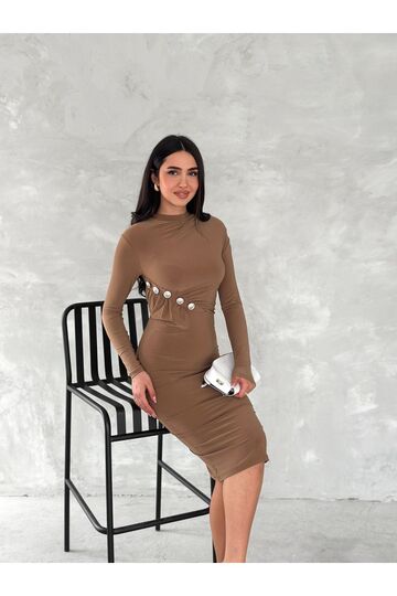 Düğme Detaylı Drapeli Büzgülü Sandy Kumaş Elbise