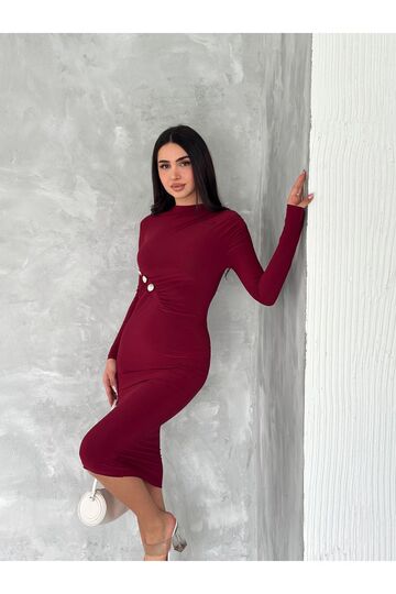 Düğme Detaylı Drapeli Büzgülü Sandy Kumaş Elbise
