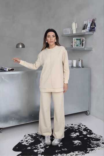 Dikiş Detaylı Geniş Paça 2 İplik Kumaş Eşofman Takım