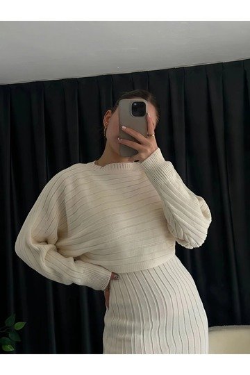 KADIN FİTİLİ YUMUŞAK TRİKO KUMAŞ ASKILI OVERSIZE ELBİSE CROP KAZAK 2 Lİ  TAKIM