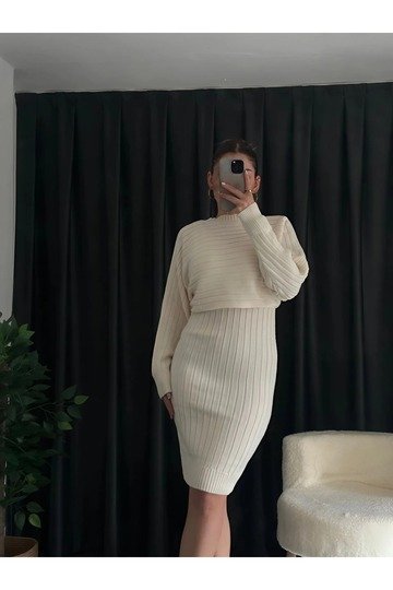 KADIN FİTİLİ YUMUŞAK TRİKO KUMAŞ ASKILI OVERSIZE ELBİSE CROP KAZAK 2 Lİ  TAKIM