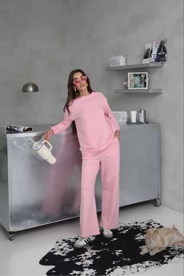 Dikiş Detaylı Geniş Paça 2 İplik Kumaş Eşofman Takım