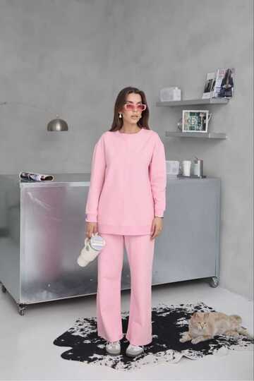 Dikiş Detaylı Geniş Paça 2 İplik Kumaş Eşofman Takım