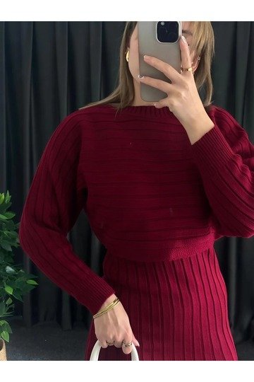 KADIN FİTİLİ YUMUŞAK TRİKO KUMAŞ ASKILI OVERSIZE ELBİSE CROP KAZAK 2 Lİ  TAKIM