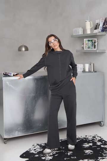 Dikiş Detaylı Geniş Paça 2 İplik Kumaş Eşofman Takım