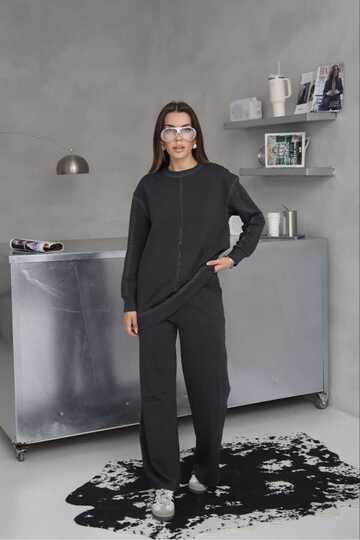 Dikiş Detaylı Geniş Paça 2 İplik Kumaş Eşofman Takım