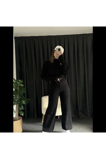 Crop Balıkçı Yaka Geniş Paça Yumuşak Triko Takım