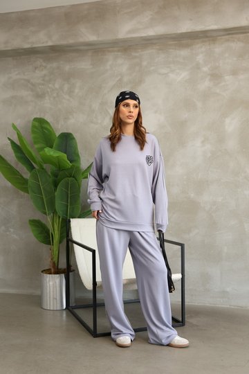 Çiçek Desenli Biyeli Oversize Geniş Paça Modal Kumaş Eşofman Takım