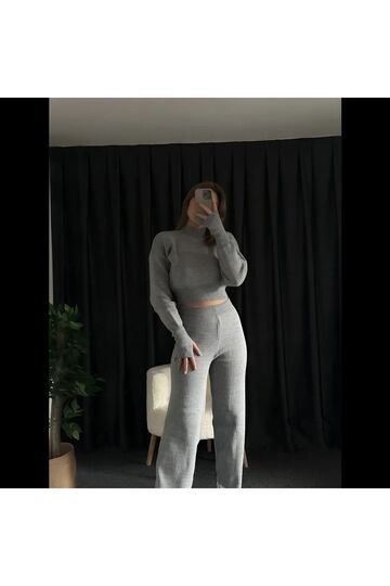Crop Balıkçı Yaka Geniş Paça Yumuşak Triko Takım