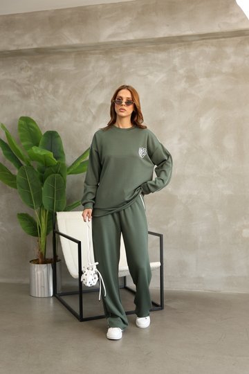 Çiçek Desenli Biyeli Oversize Geniş Paça Modal Kumaş Eşofman Takım
