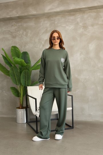 Çiçek Desenli Biyeli Oversize Geniş Paça Modal Kumaş Eşofman Takım
