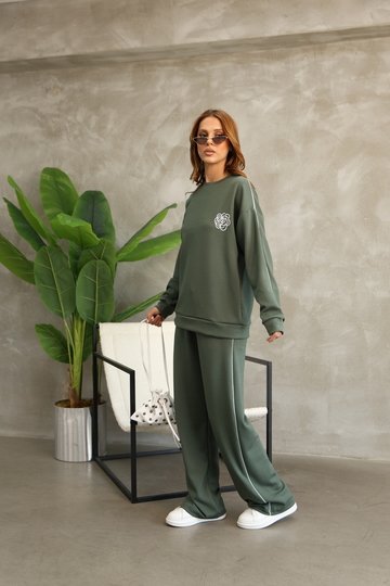 Çiçek Desenli Biyeli Oversize Geniş Paça Modal Kumaş Eşofman Takım