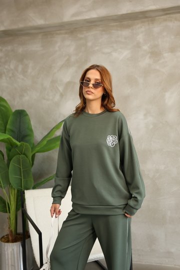 Çiçek Desenli Biyeli Oversize Geniş Paça Modal Kumaş Eşofman Takım