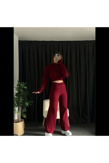 Crop Balıkçı Yaka Geniş Paça Yumuşak Triko Takım