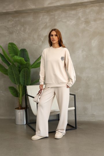 Çiçek Desenli Biyeli Oversize Geniş Paça Modal Kumaş Eşofman Takım