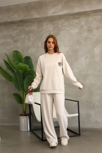Çiçek Desenli Biyeli Oversize Geniş Paça Modal Kumaş Eşofman Takım
